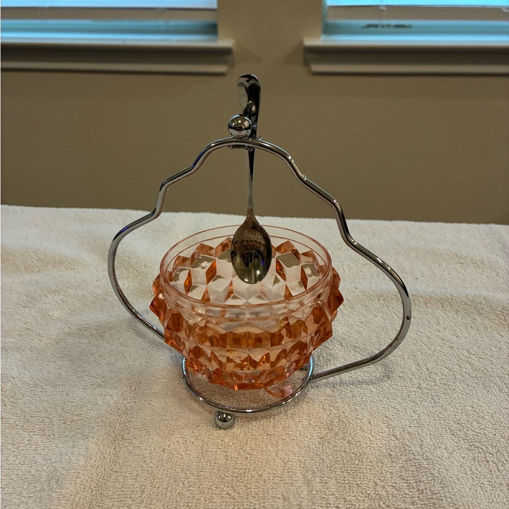 Vintage Pink Fostoria Glass Sugar Bowl with Stand and Spoon